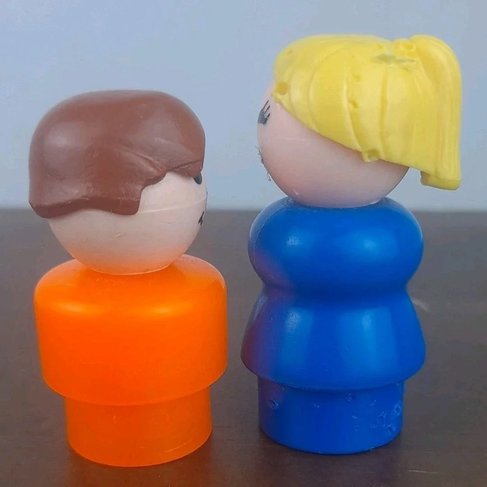 Vintage Fisher Price Little People Mom Blue Dress & Boy Orange Body 1970s Toy